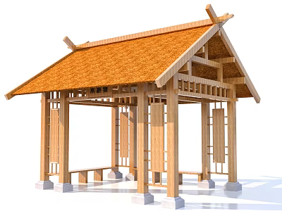 Traditional Wooden Pavilion With Thatch Roof Wooden Structure Pillars Benches And White Bases 3d model