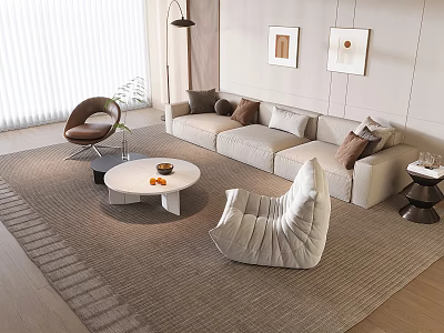 Neutral-toned Modern Sofa Set With Round Coffee Table Accent Chair And Area Rug 3d model
