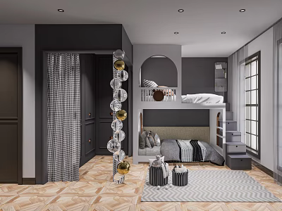 Kids Room Interior Design With Bunk Bed Stairs Storage Checkered Curtains And Glass Ball Lamp 3d model