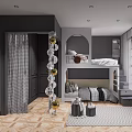 Kids Room Interior Design With Bunk Bed Stairs Storage Checkered Curtains And Glass Ball Lamp