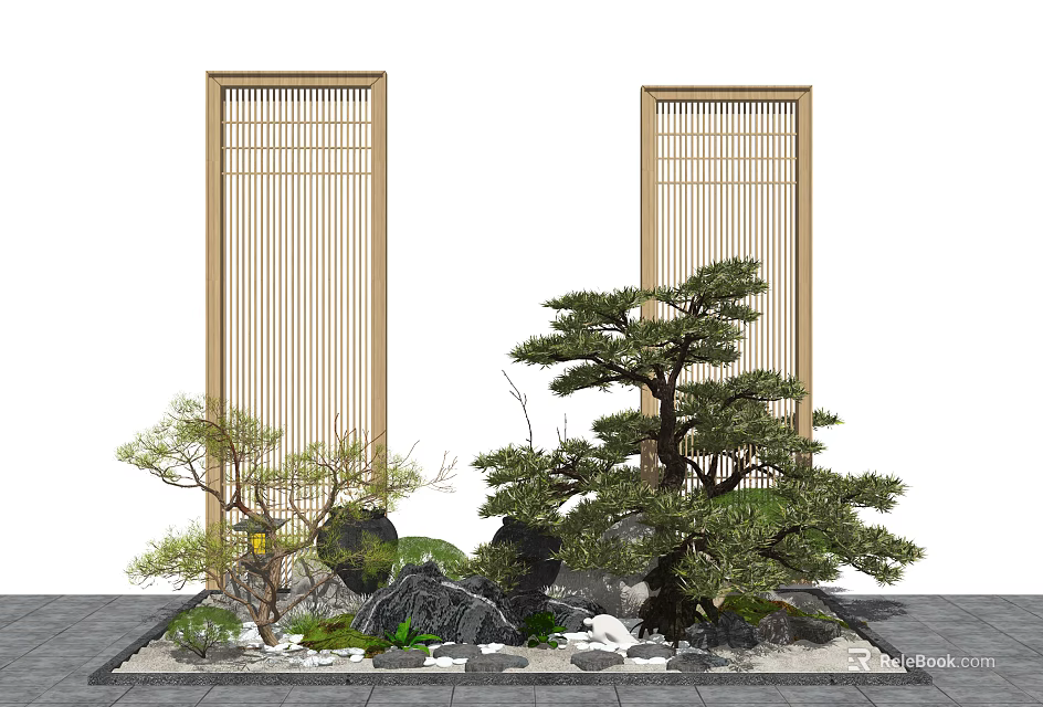 Traditional Chinese Courtyard Garden Featuring Wooden Lattice Doors Pine Tree Stones And Stone Slab Floor 3d model 