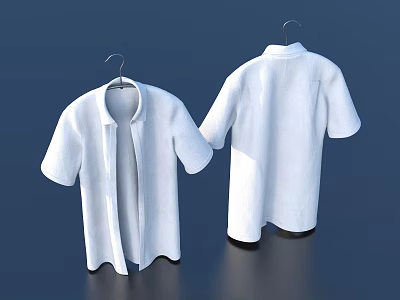 Two Plain White Shirts Hanging on Hangers Against Dark Blue Background 3d model