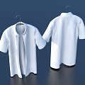 Two Plain White Shirts Hanging on Hangers Against Dark Blue Background