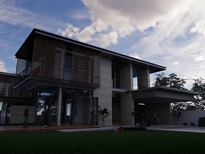 Modern Detached Villa Exterior With Glass Windows Wooden Facade And Green Lawn 3d model