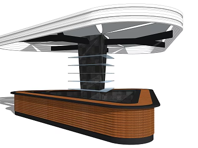 Modern Bar Counter With Wooden Cabinetry Black Countertop And White Curved Overhead Structure 3d model