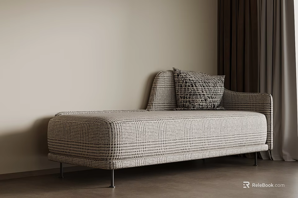 Modern Minimalist Chaise Lounge With Houndstooth Pattern Light Wall And Dark Curtains 3d model 