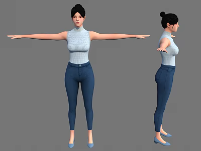 Female Character Front and Side View with Outstretched Arms White Sleeveless Top and Blue Jeans 3d model