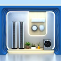 Modern Electronics Window Display With Speakers Air Conditioner Laptop And Headphones On Geometric Tiled Wall