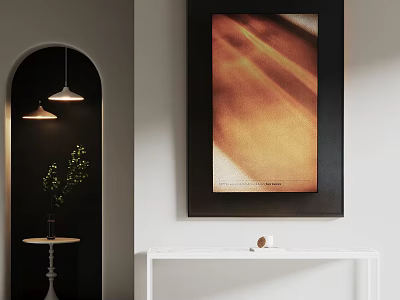 Abstract Painting With Golden Light Streaks Black Frame Hanging On White Wall Near Decorative Table 3d model