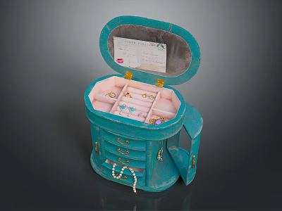 Open Turquoise Jewelry Box With Drawers Mirror And Assorted Jewelry 3d model