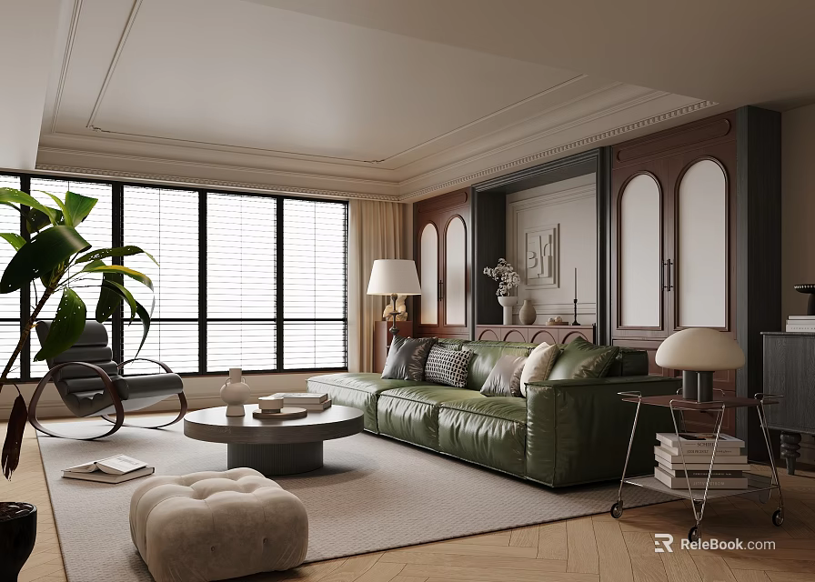 Modern Retro Living Room With Comfortable Green Leather Sofa And Bright Spacious Home Interior Design 3d model 