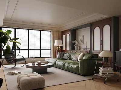 Modern Retro Living Room With Comfortable Green Leather Sofa And Bright Spacious Home Interior Design 3d model
