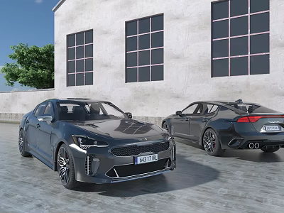 Two Black Modern Sports Cars Parked In Front Of Building With Large Windows 3d model
