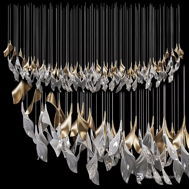 Modern Decorative Metal Chandelier With Silver And Gold Leaf Shaped Hanging Elements 3d model 