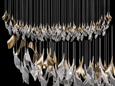 Modern Decorative Metal Chandelier With Silver And Gold Leaf Shaped Hanging Elements 3d model