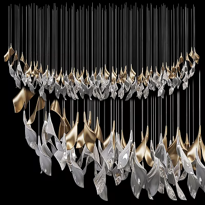 Modern Decorative Metal Chandelier With Silver And Gold Leaf Shaped Hanging Elements 3d model