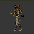 Woman in Ornate Red and Gold Armor with Horned Helmet and Decorative Weapon