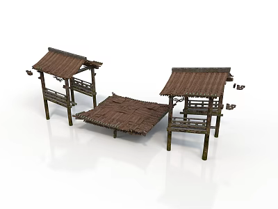 Traditional Thatched Roof Wooden Pavilions With Wooden Pillars And Railings 3d model
