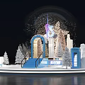 Christmas Photo Check In Spot with Giant Snow Globe Blue Steps and Decorated Christmas Trees