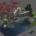 Karesansui Garden Design with Water Pool Stones Red Maple Tree Illuminated Path and Moss