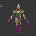Detailed Game Movie Character with Silver Armor Purple Tight Pants and Red Bladed Weapons