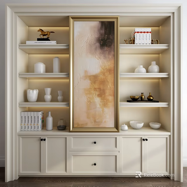 Modern White Bookcase With Gold Figurine White Vases Books Large Artwork Cabinets And Drawer 3d model 