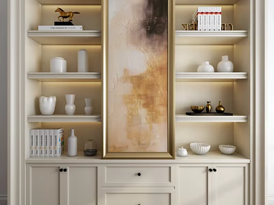 Modern White Bookcase With Gold Figurine White Vases Books Large Artwork Cabinets And Drawer 3d model