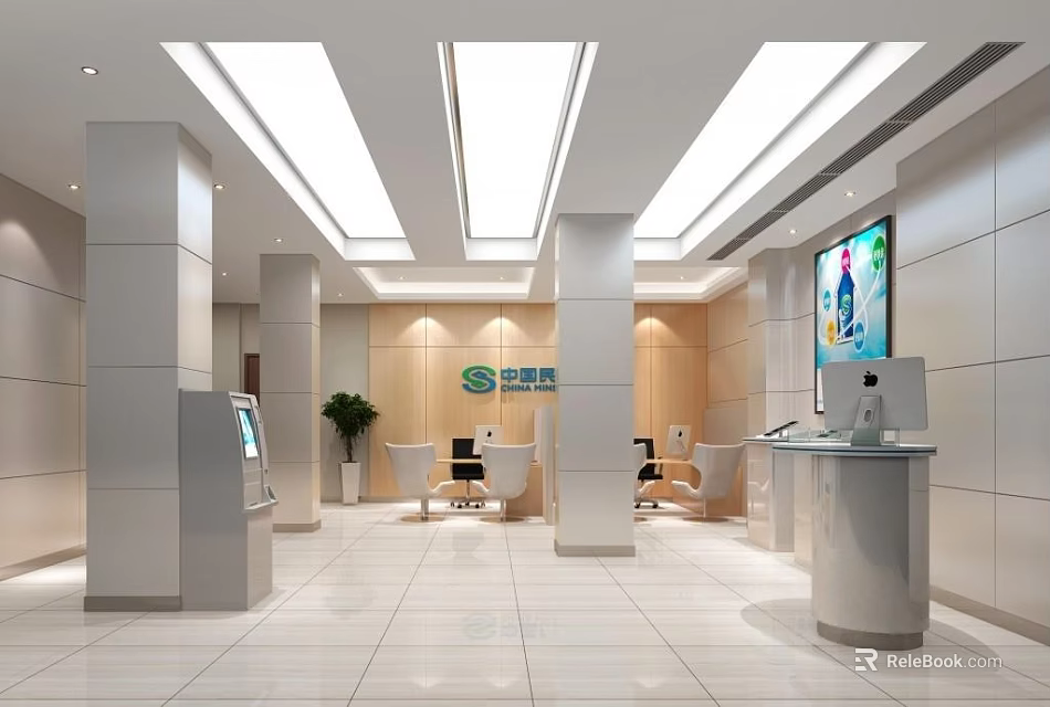 Modern Service Hall Interior Design With Bright Ceiling Lights Service Desks And Digital Screens 3d model 
