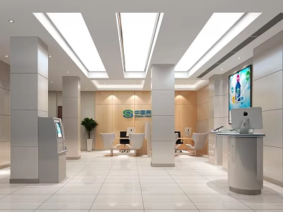 Modern Service Hall Interior Design With Bright Ceiling Lights Service Desks And Digital Screens 3d model