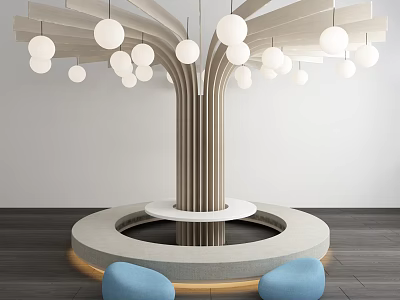Blue Public Chairs Around Circular Platform With Tree Like Structure And White Spherical Lights 3d model