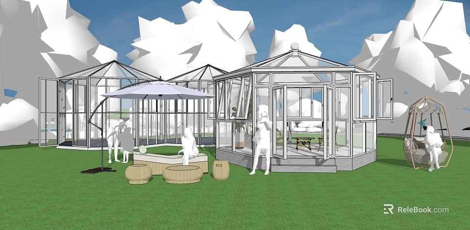 Garden Landscape Design With Glass Greenhouses Lawn Outdoor Seating And Umbrella 3d model 