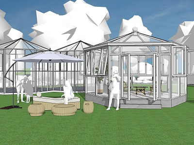 Garden Landscape Design With Glass Greenhouses Lawn Outdoor Seating And Umbrella 3d model
