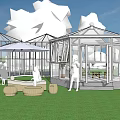 Garden Landscape Design With Glass Greenhouses Lawn Outdoor Seating And Umbrella