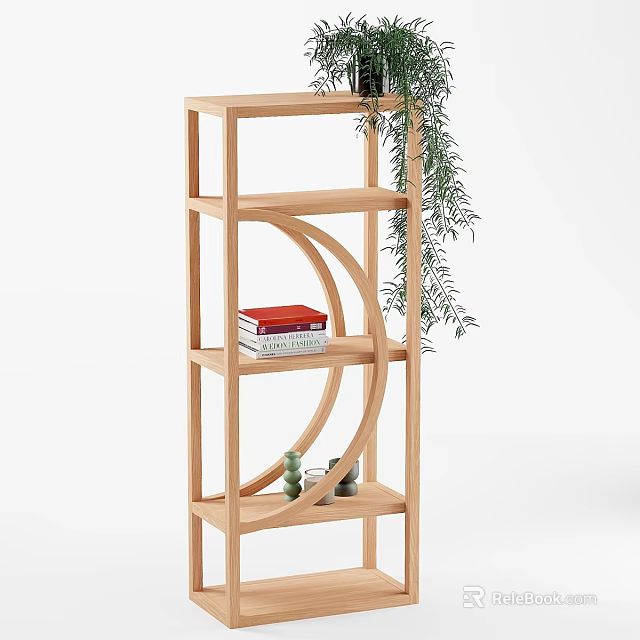 Wooden Open Storage Shelf With Multiple Tiers Books And Hanging Plant 3d model 