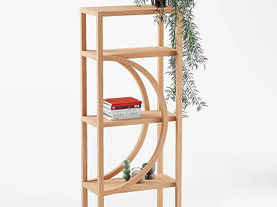 Wooden Open Storage Shelf With Multiple Tiers Books And Hanging Plant 3d model