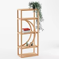 Wooden Open Storage Shelf With Multiple Tiers Books And Hanging Plant