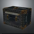 Vintage Blue Storage Box With Leather Handle Metal Rivets Brown Trim Label For Home Use