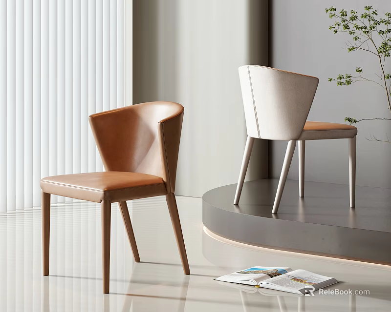 Modern Minimalist Dining Chairs With Brown Beige Leather And Blinds Display Platform Magazines Green Plant 3d model 