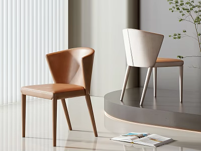 Modern Minimalist Dining Chairs With Brown Beige Leather And Blinds Display Platform Magazines Green Plant 3d model