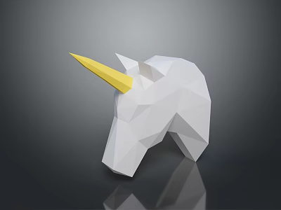 White Polygonal Unicorn Head Sculpture With Yellow Horn On Dark Reflective Background 3d model