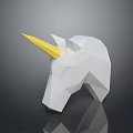 White Polygonal Unicorn Head Sculpture With Yellow Horn On Dark Reflective Background