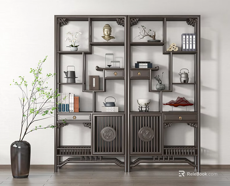 Traditional Chinese Dark Wood Display Shelf With Decorative Vases Tea Sets And Books 3d model 