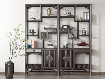 Traditional Chinese Dark Wood Display Shelf With Decorative Vases Tea Sets And Books 3d model