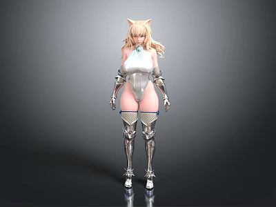3D Fantasy Character With Cat Ears Blonde Long Hair Silver Armor And White Top 3d model