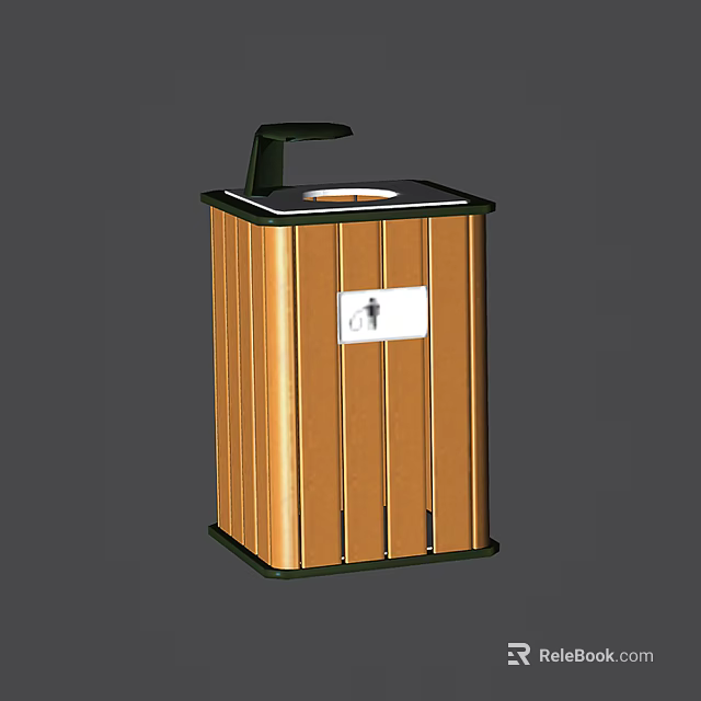Public Facility Wooden Trash Can With Black Lid And Front Figure Icon 3d model 