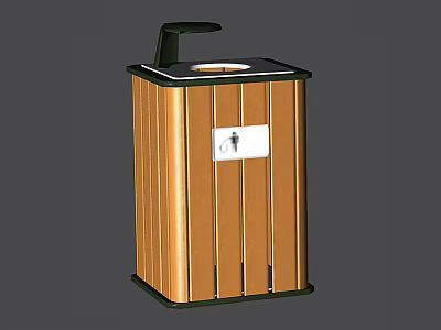 Public Facility Wooden Trash Can With Black Lid And Front Figure Icon 3d model