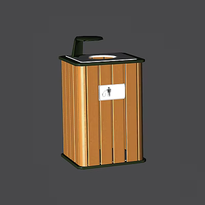 Public Facility Wooden Trash Can With Black Lid And Front Figure Icon 3d model
