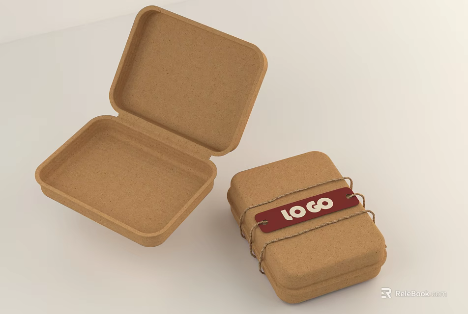 Open And Closed Paper Lunch Boxes With Red Strap And Logo Design 3d model 