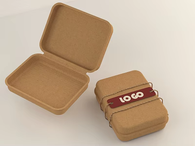 Open And Closed Paper Lunch Boxes With Red Strap And Logo Design 3d model