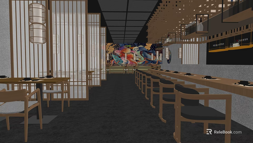 Modern Japanese Restaurant Interior With Wooden Tables Seats And Colorful Mural 3d model 